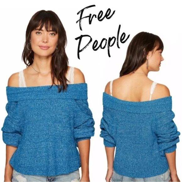 Free People Sweaters - Free People Edessa Off-The-Shoulder Blue Marled Sweater Womens Lg Boho Boxy